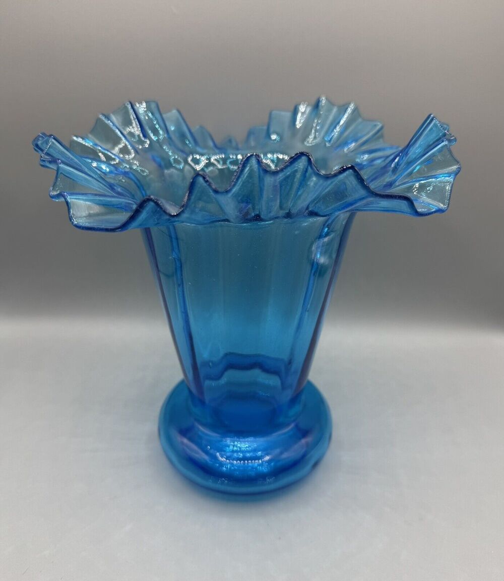 Beacon Glass Co Vase Blue Ruffle Tulip Top Tall Victorian Hand Blown